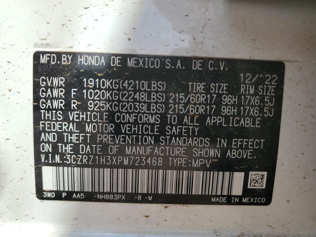 3CZRZ1H3XPM723468 2023 Honda Hr-V Lx