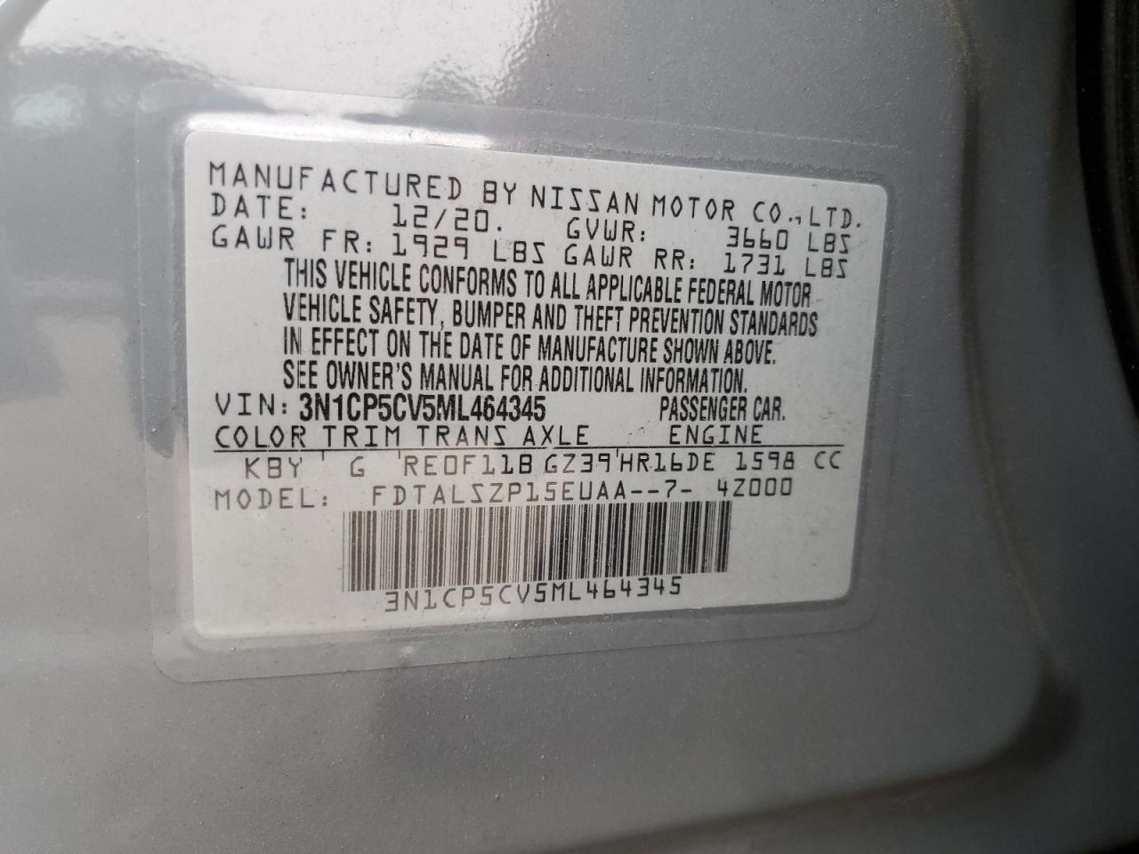 3N1CP5CV5ML464345 2021 Nissan Kicks Sv