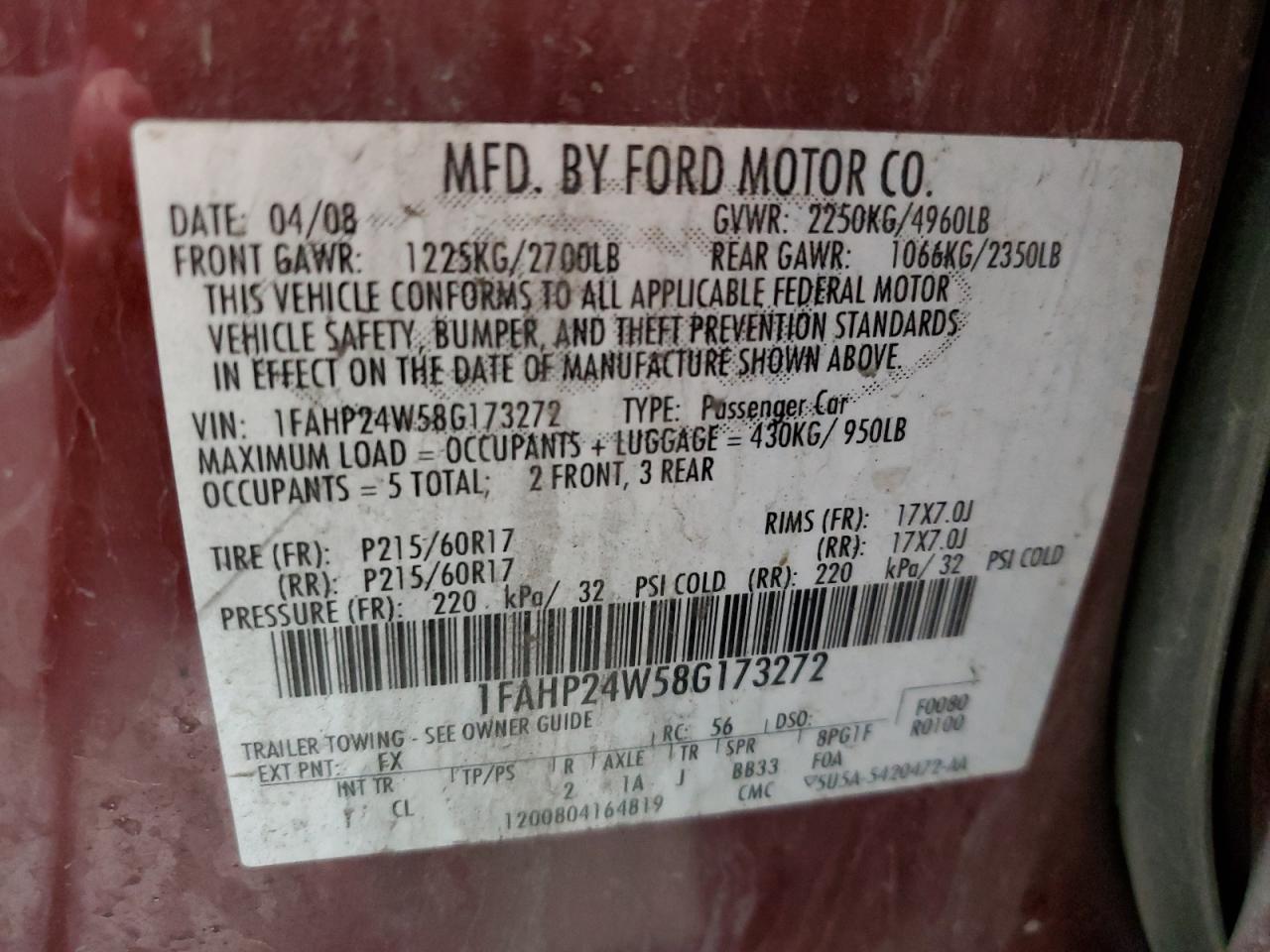 1FAHP24W58G173272 2008 Ford Taurus Sel