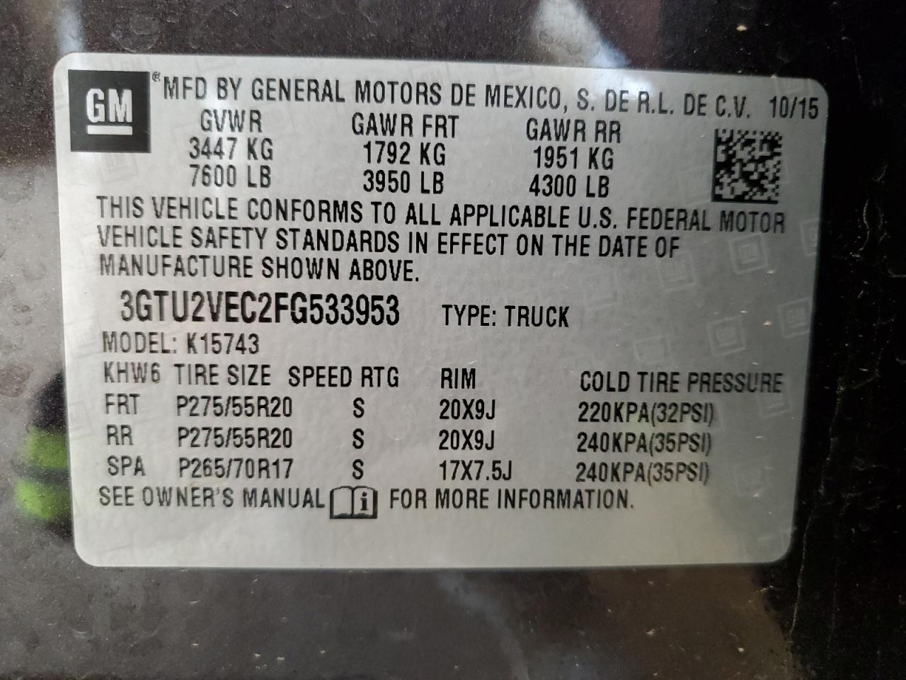 2015 GMC Sierra K1500 Slt vin: 3GTU2VEC2FG533953