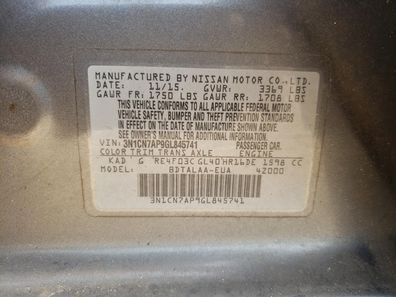 3N1CN7AP9GL845741 2016 Nissan Versa S