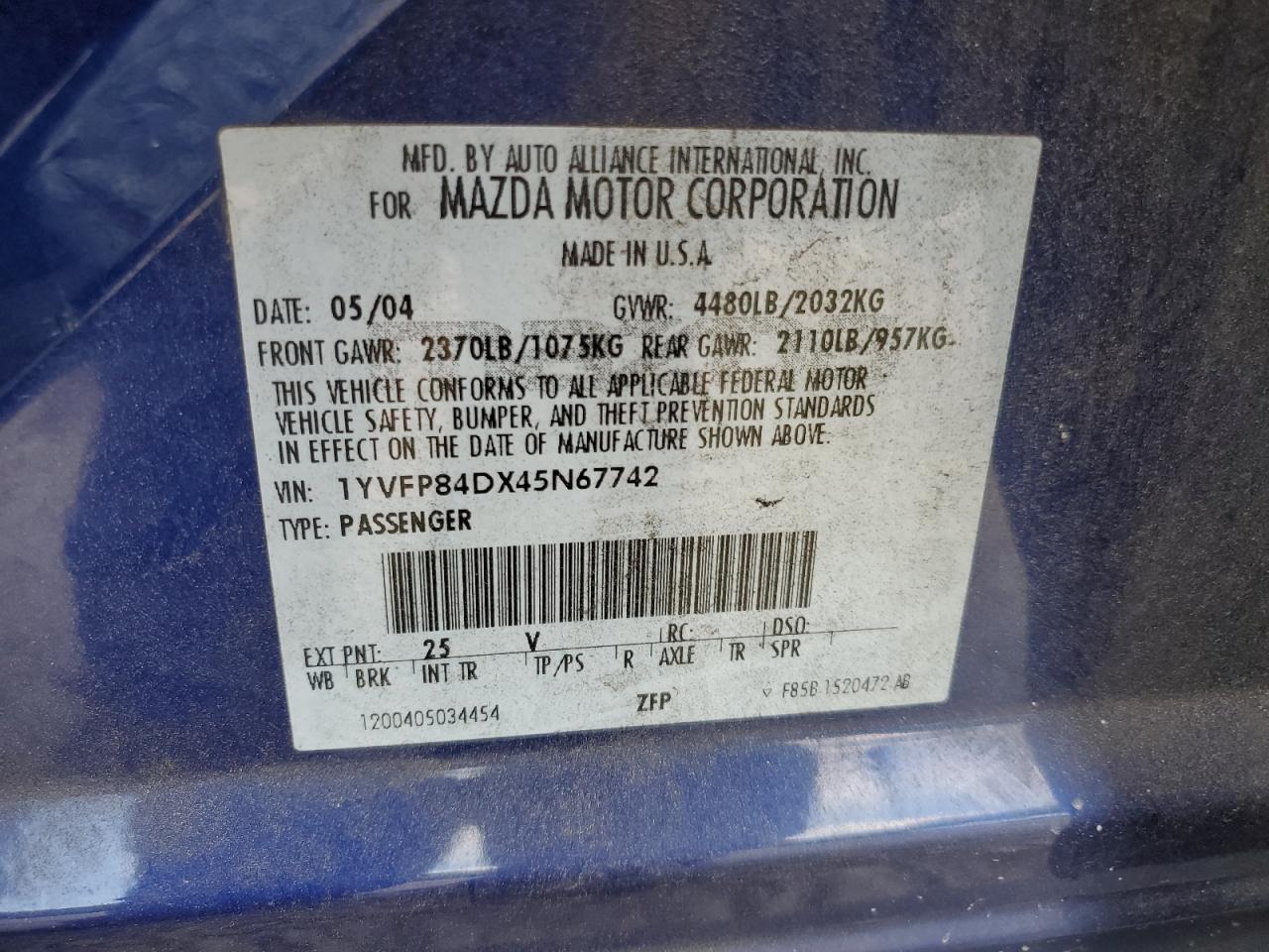 1YVFP84DX45N67742 2004 Mazda 6 S