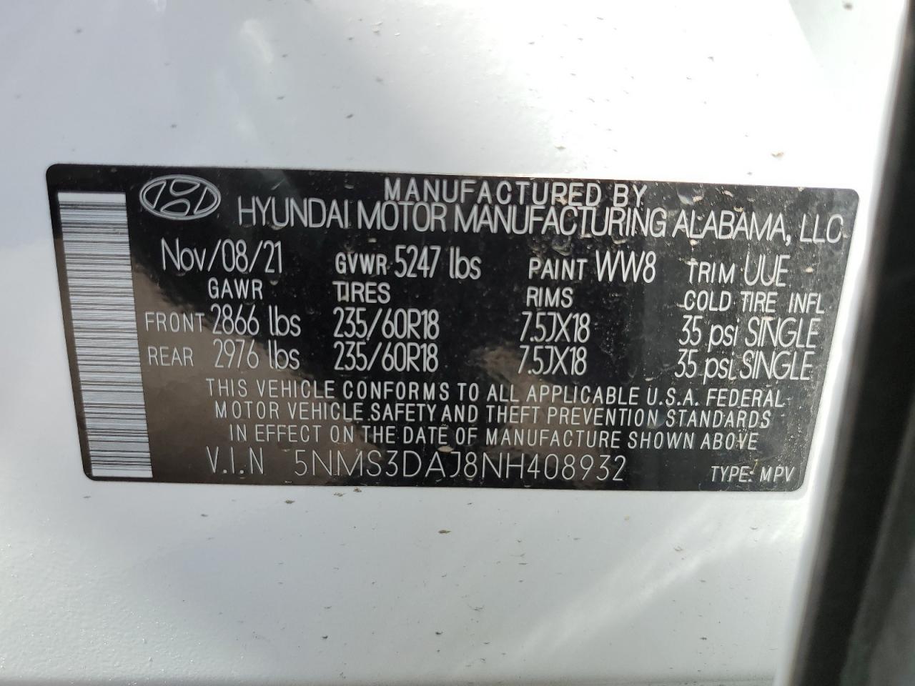 5NMS3DAJ8NH408932 2022 Hyundai Santa Fe Sel