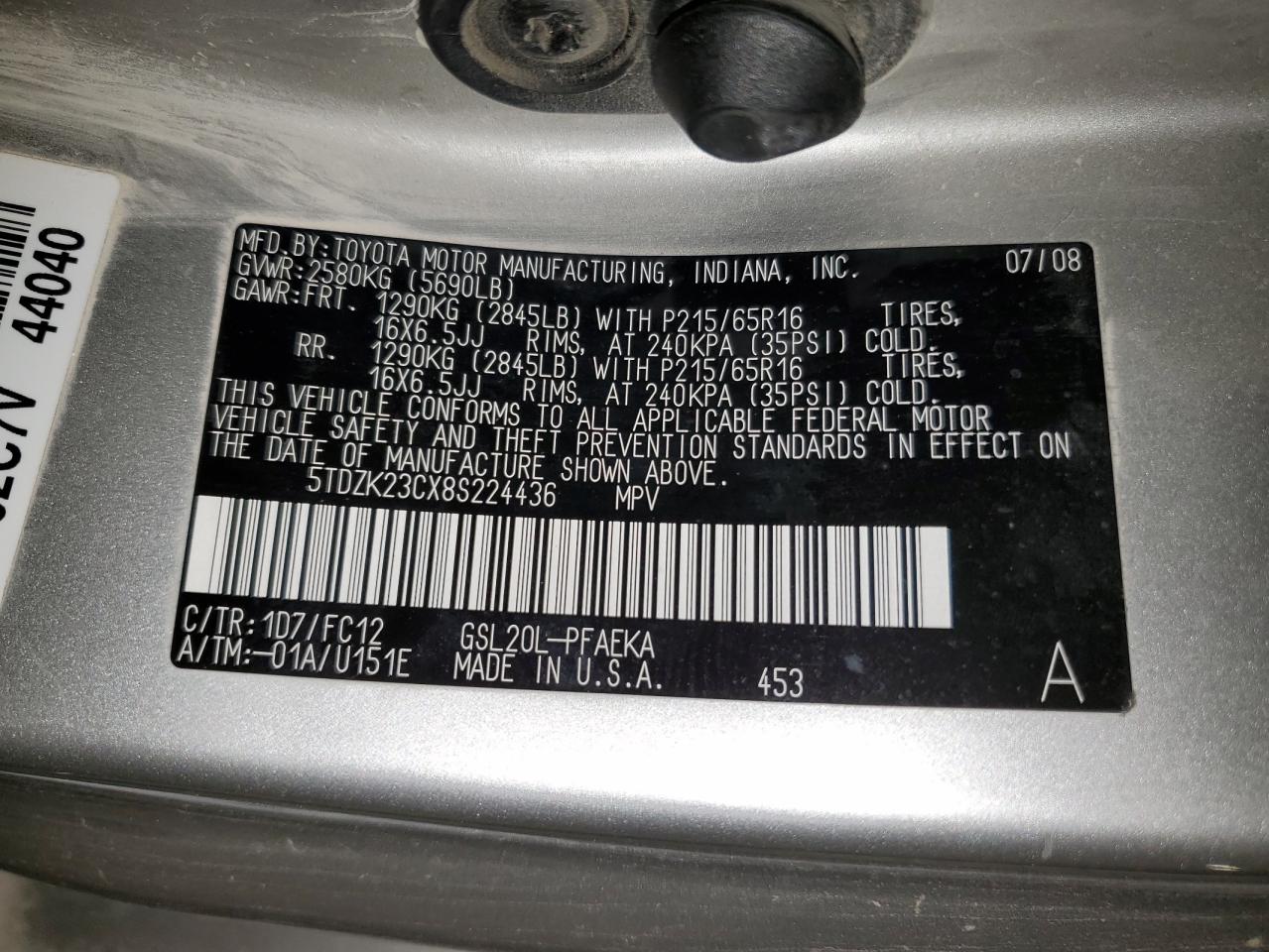 5TDZK23CX8S224436 2008 Toyota Sienna Ce