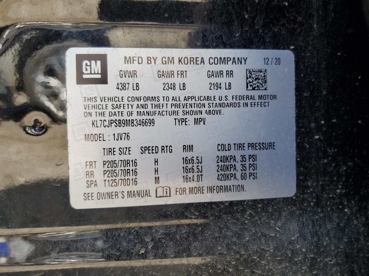 KL7CJPSB9MB346699 2021 Chevrolet Trax 1Lt