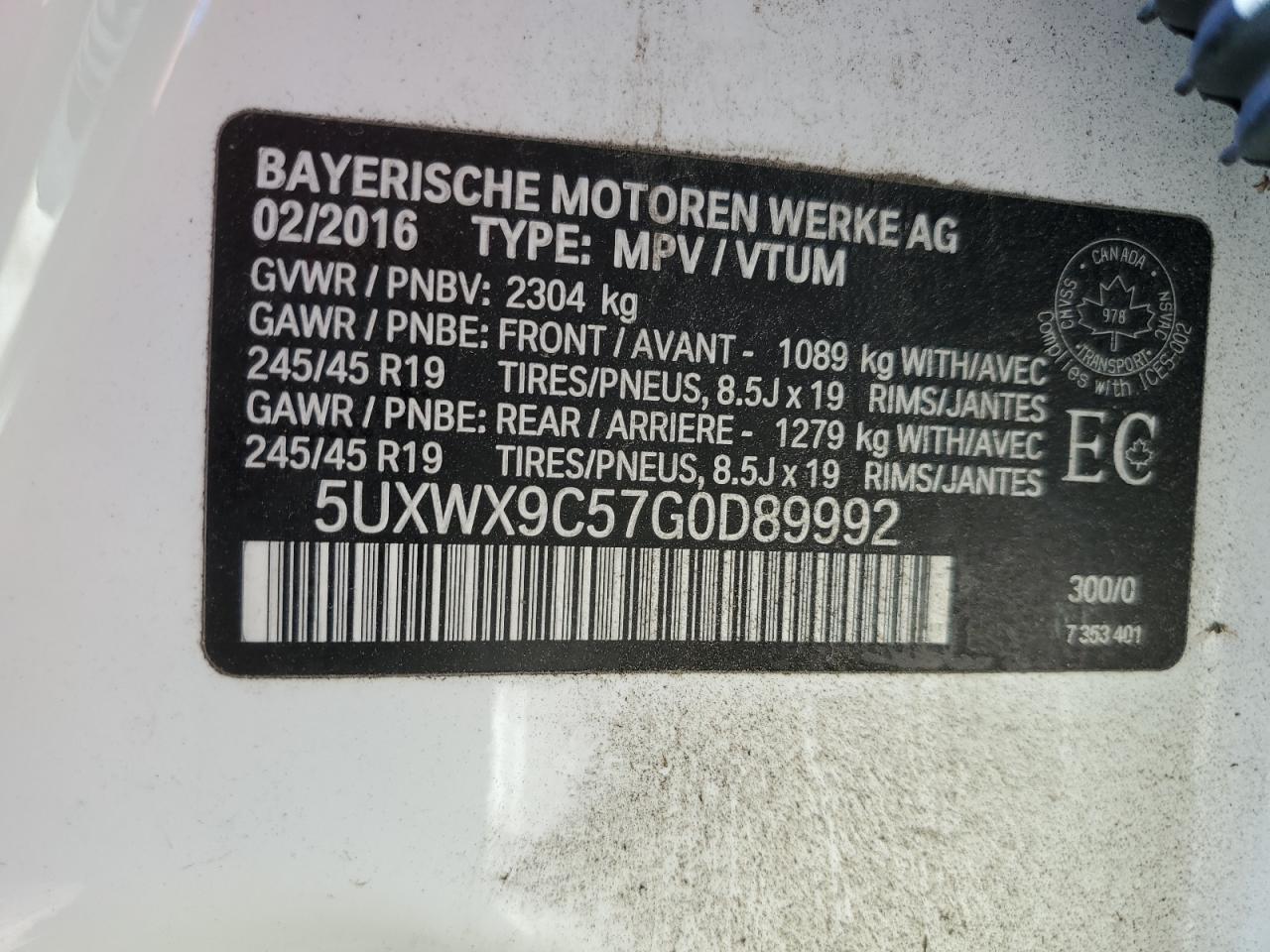 5UXWX9C57G0D89992 2016 BMW X3 xDrive28I