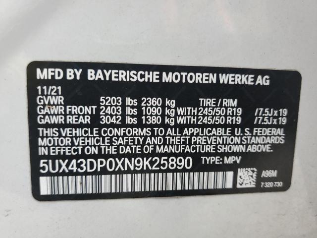 2022 BMW X3 Sdrive30I VIN: 5UX43DP0XN9K25890 Lot: 59440184