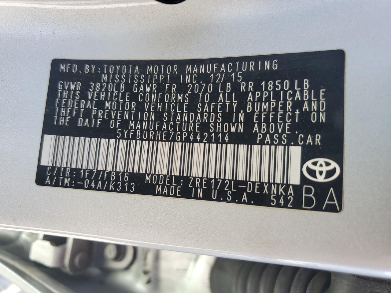 2016 Toyota Corolla L vin: 5YFBURHE7GP442114