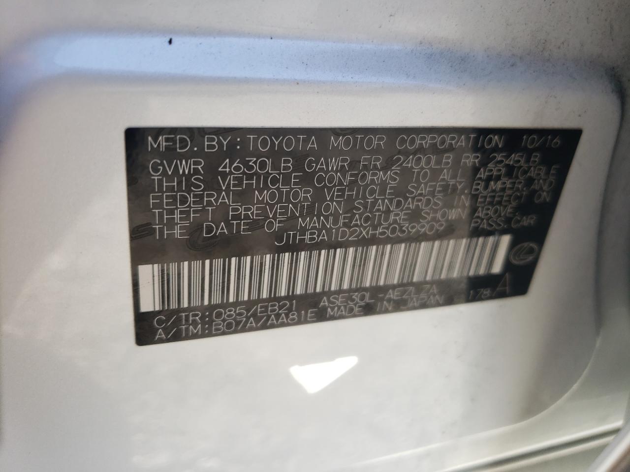 JTHBA1D2XH5039909 2017 Lexus Is 200T