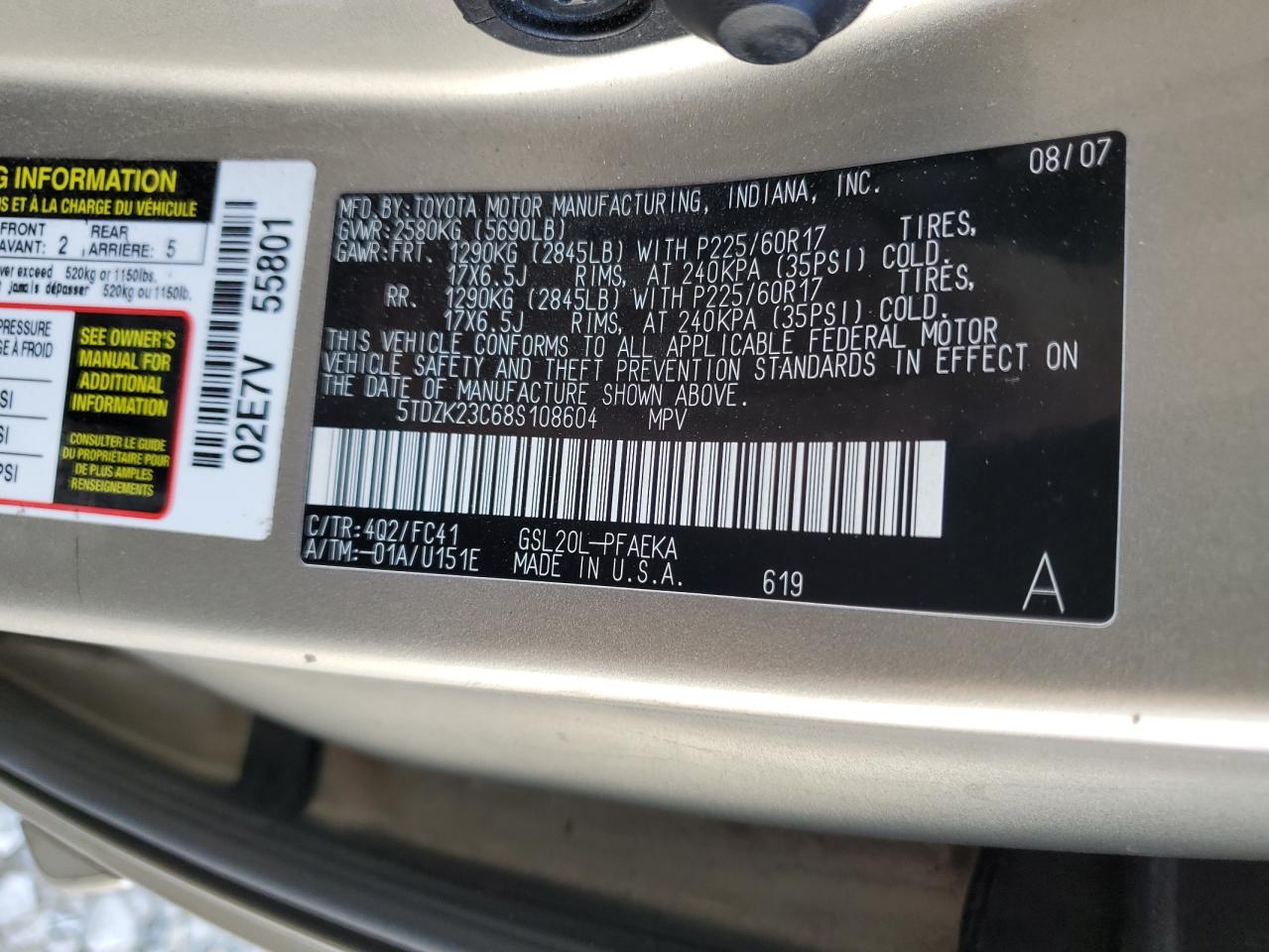 5TDZK23C68S108604 2008 Toyota Sienna Ce