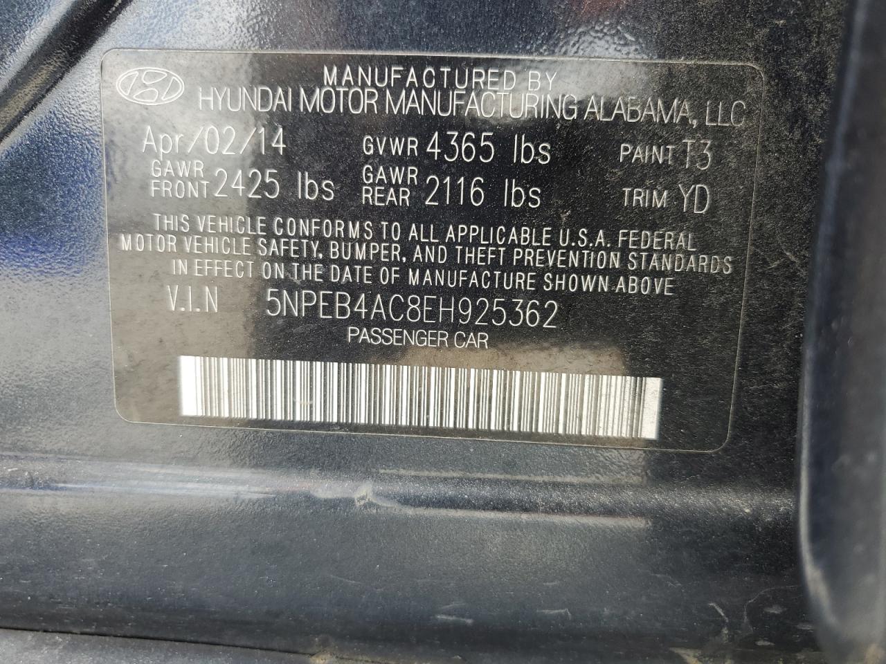 5NPEB4AC8EH925362 2014 Hyundai Sonata Gls