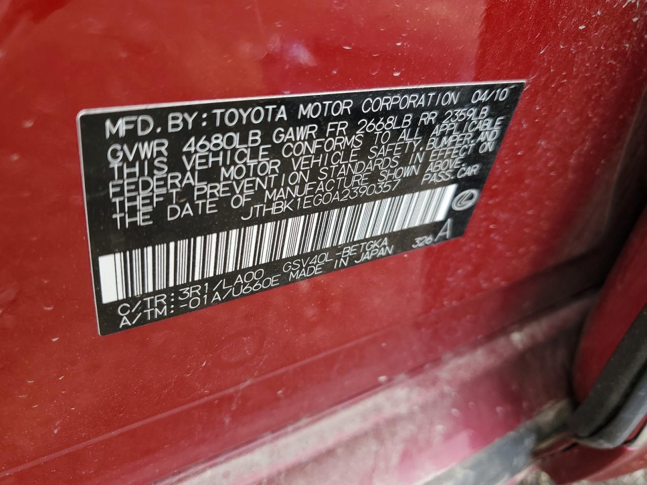 JTHBK1EG0A2390357 2010 Lexus Es 350