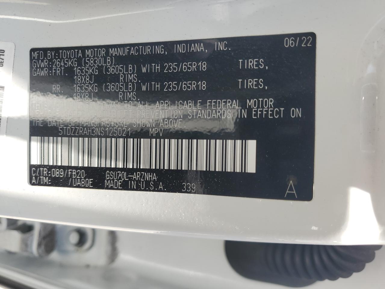 5TDZZRAH3NS125021 2022 Toyota Highlander L