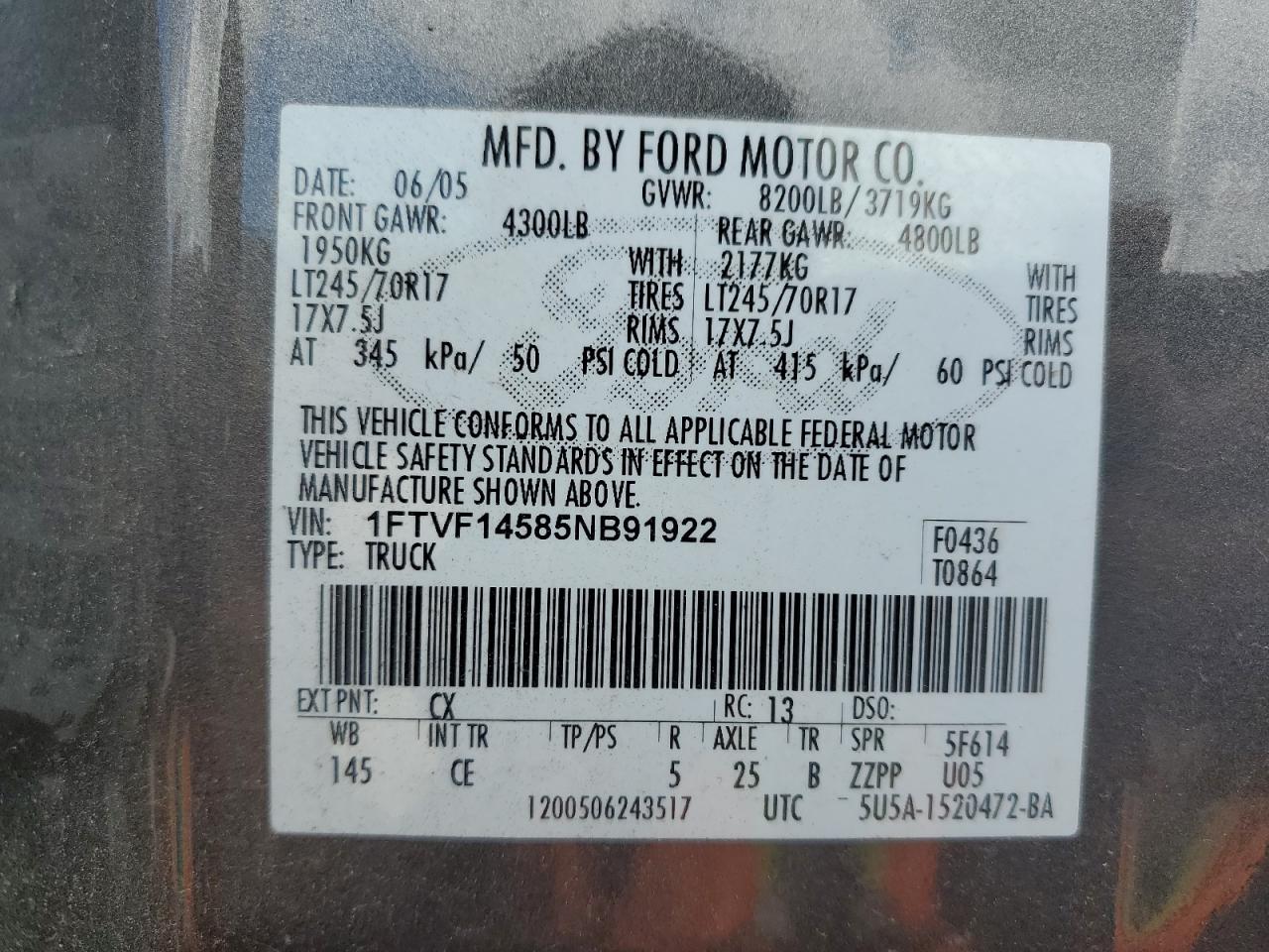 1FTVF14585NB91922 2005 Ford F150