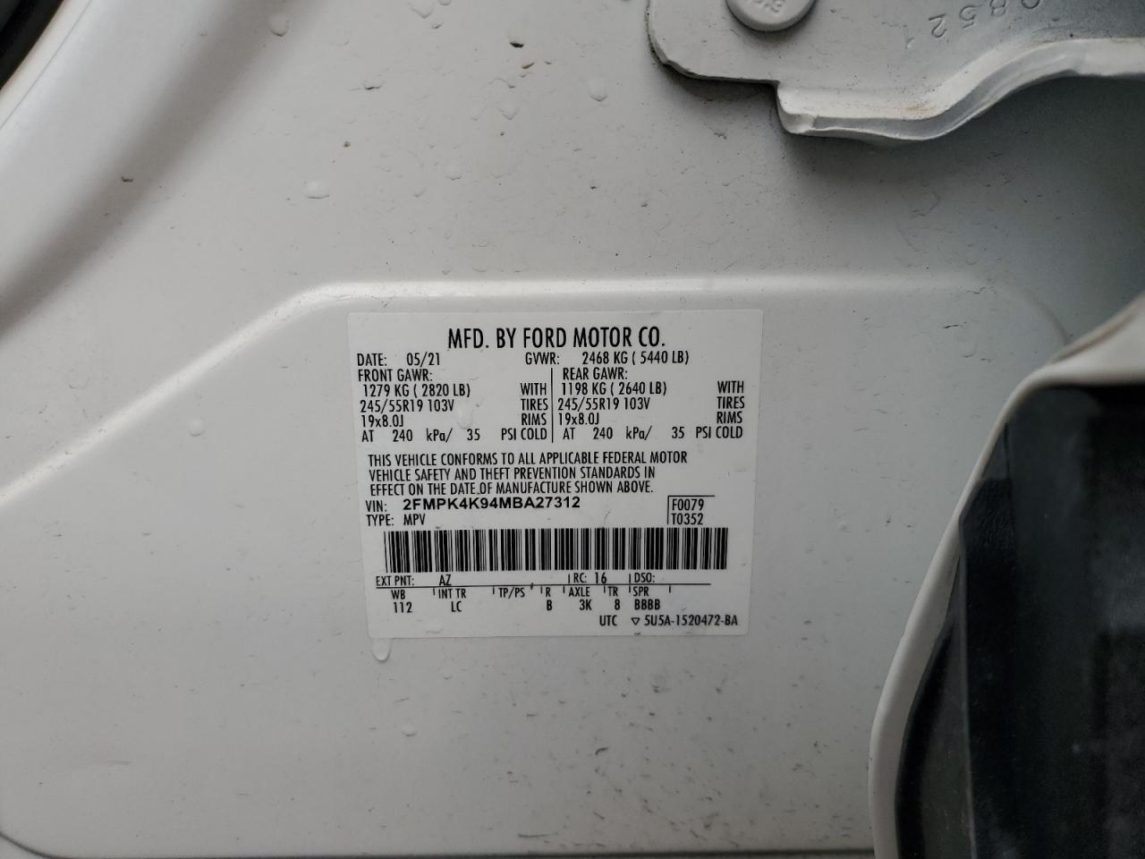 2FMPK4K94MBA27312 2021 Ford Edge Titanium