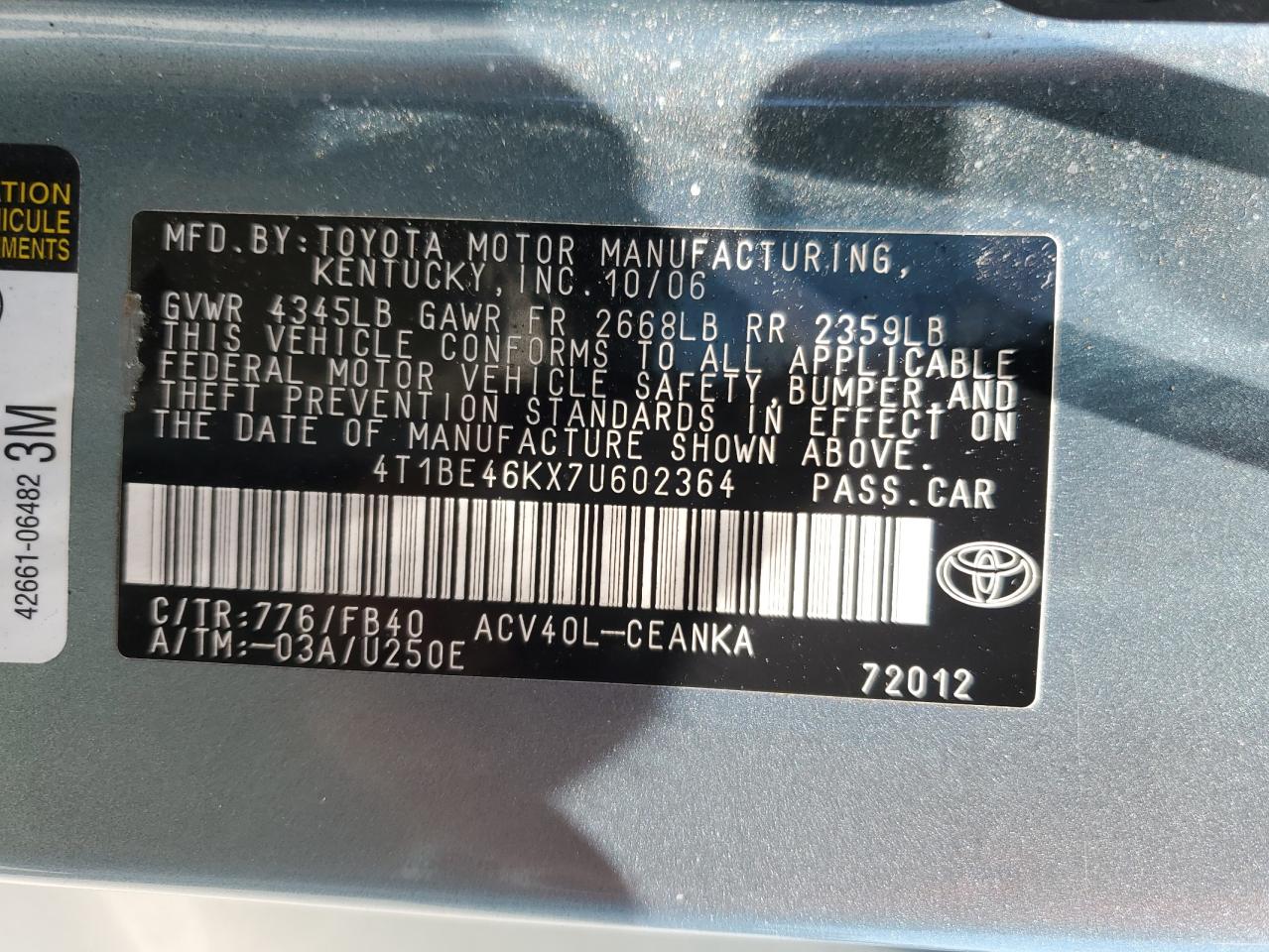 4T1BE46KX7U602364 2007 Toyota Camry Ce