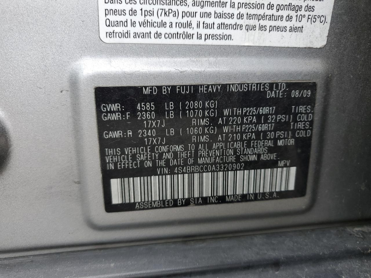 4S4BRBCC0A3320902 2010 Subaru Outback 2.5I Premium