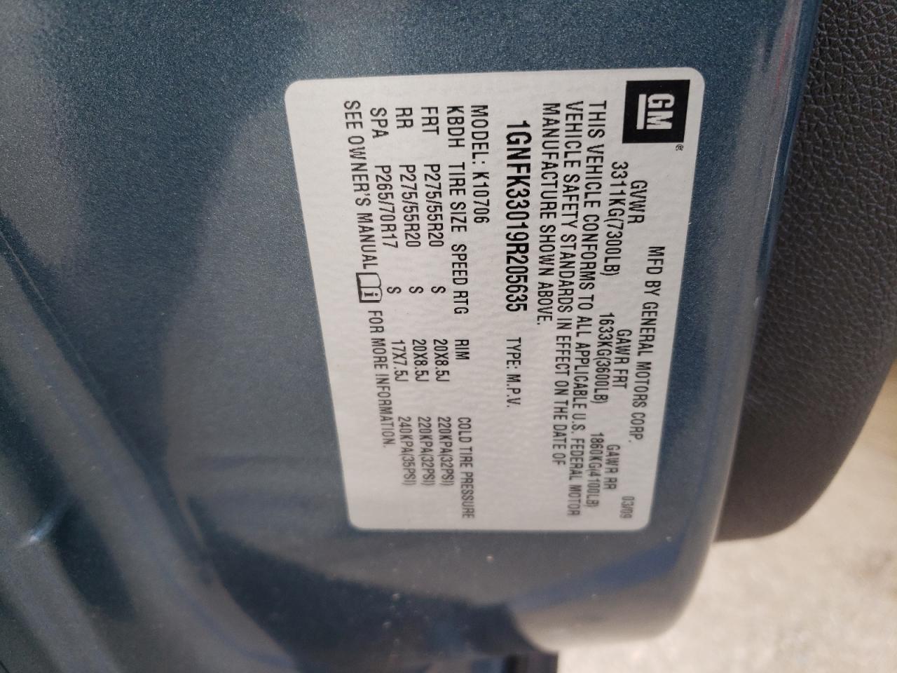 1GNFK33019R205635 2009 Chevrolet Tahoe K1500 Ltz