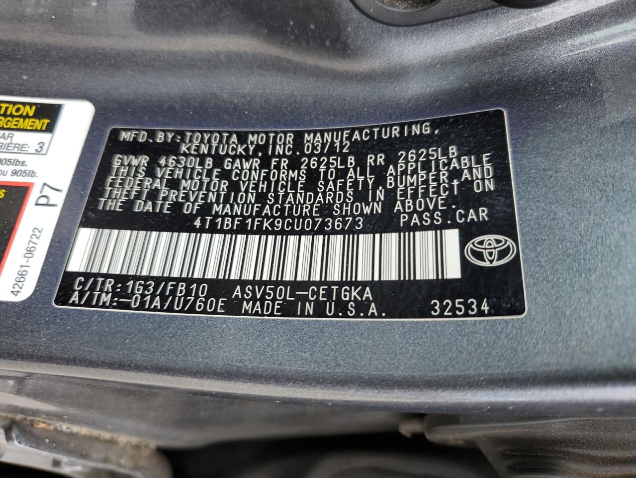 4T1BF1FK9CU073673 2012 Toyota Camry Base