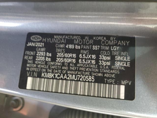 2021 Hyundai Kona Se VIN: KM8K1CAA2MU720585 Lot: 59169234