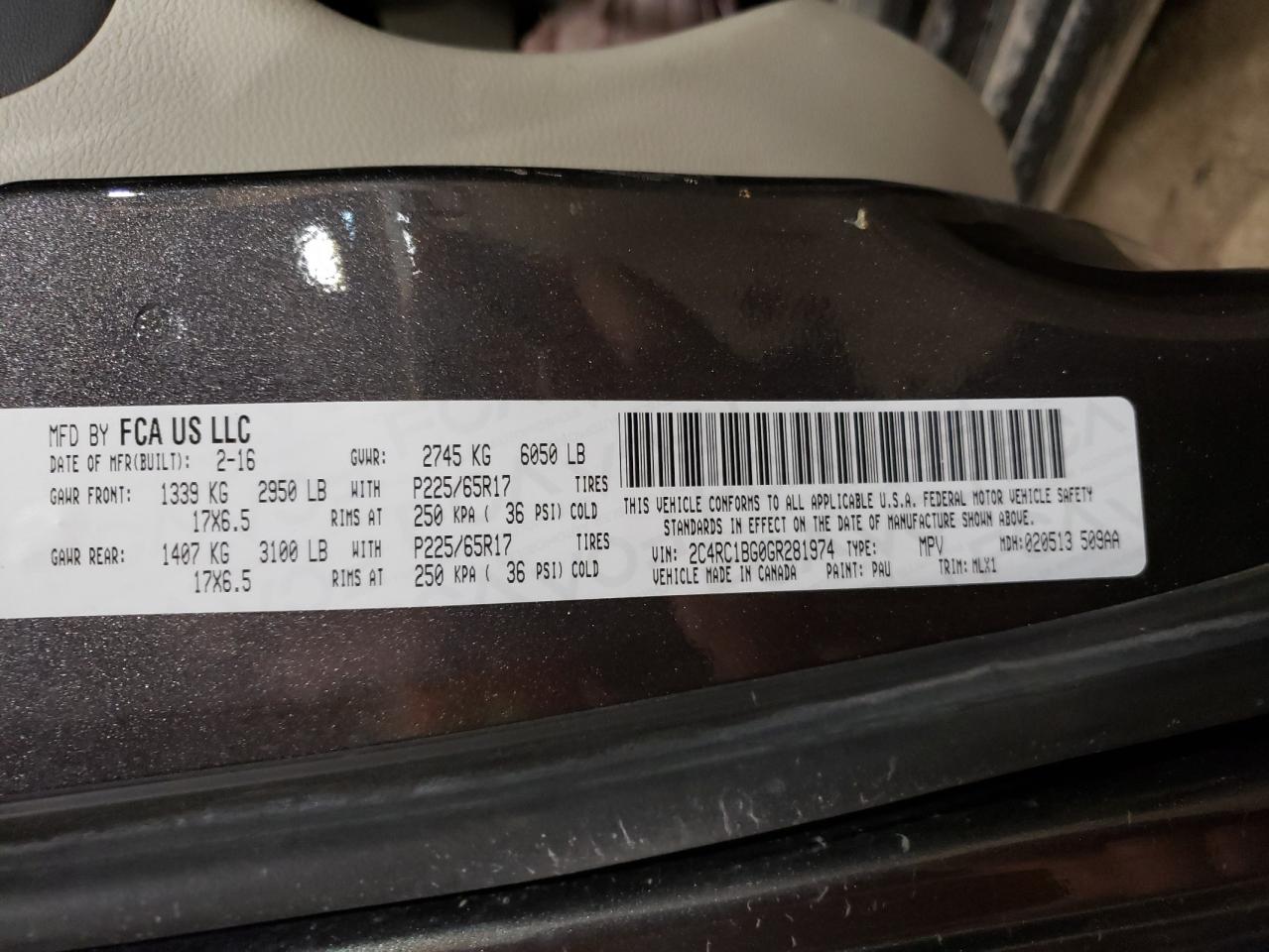 2C4RC1BG0GR281974 2016 Chrysler Town & Country Touring