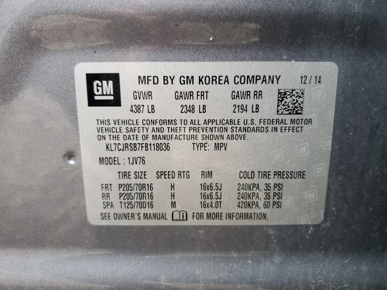 KL7CJRSB7FB118036 2015 Chevrolet Trax 1Lt