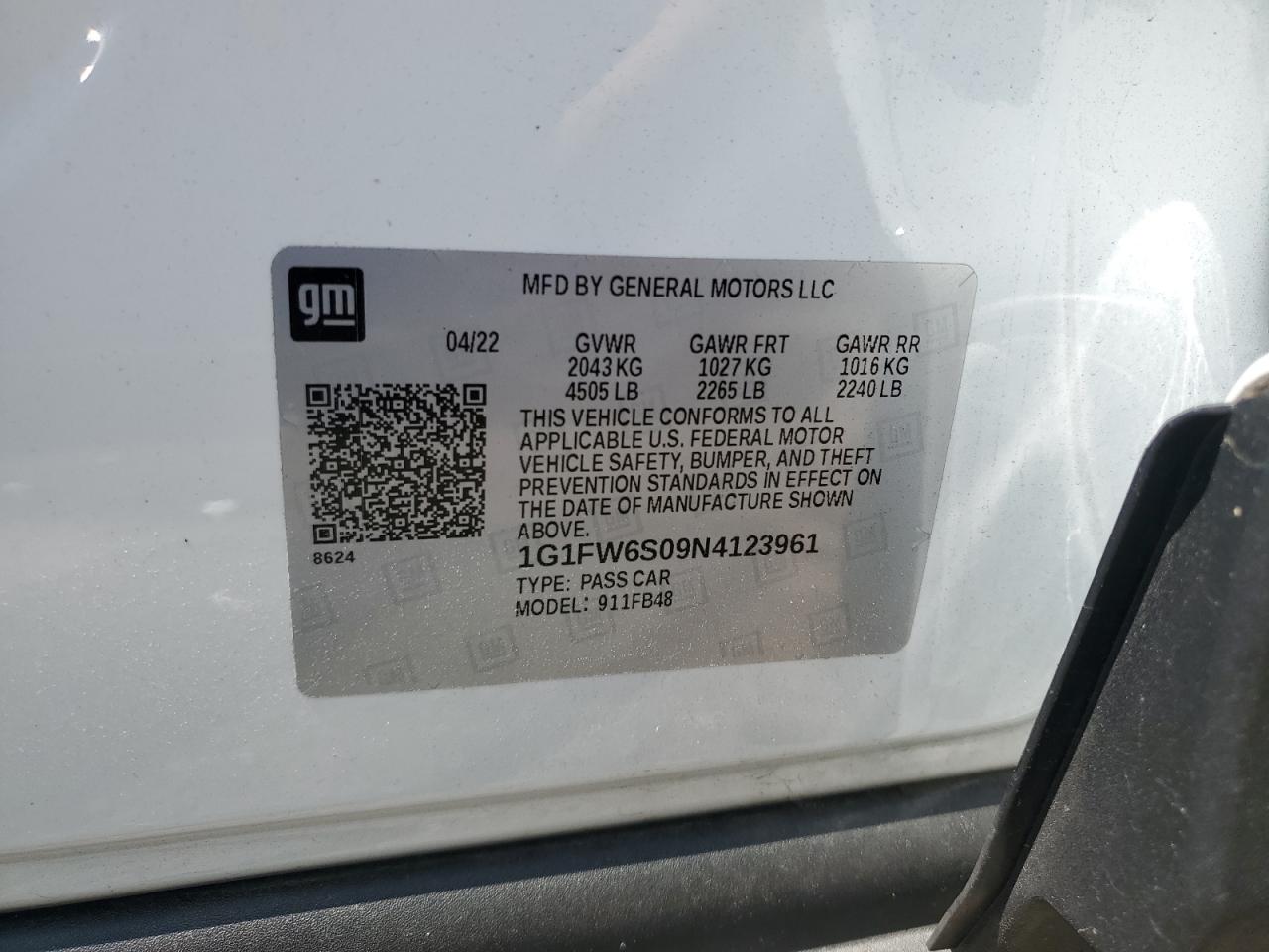 1G1FW6S09N4123961 2022 Chevrolet Bolt Ev 1Lt