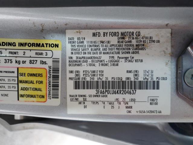 VIN 3FA6P0LU6KR204637 2019 Ford Fusion, SE no.13