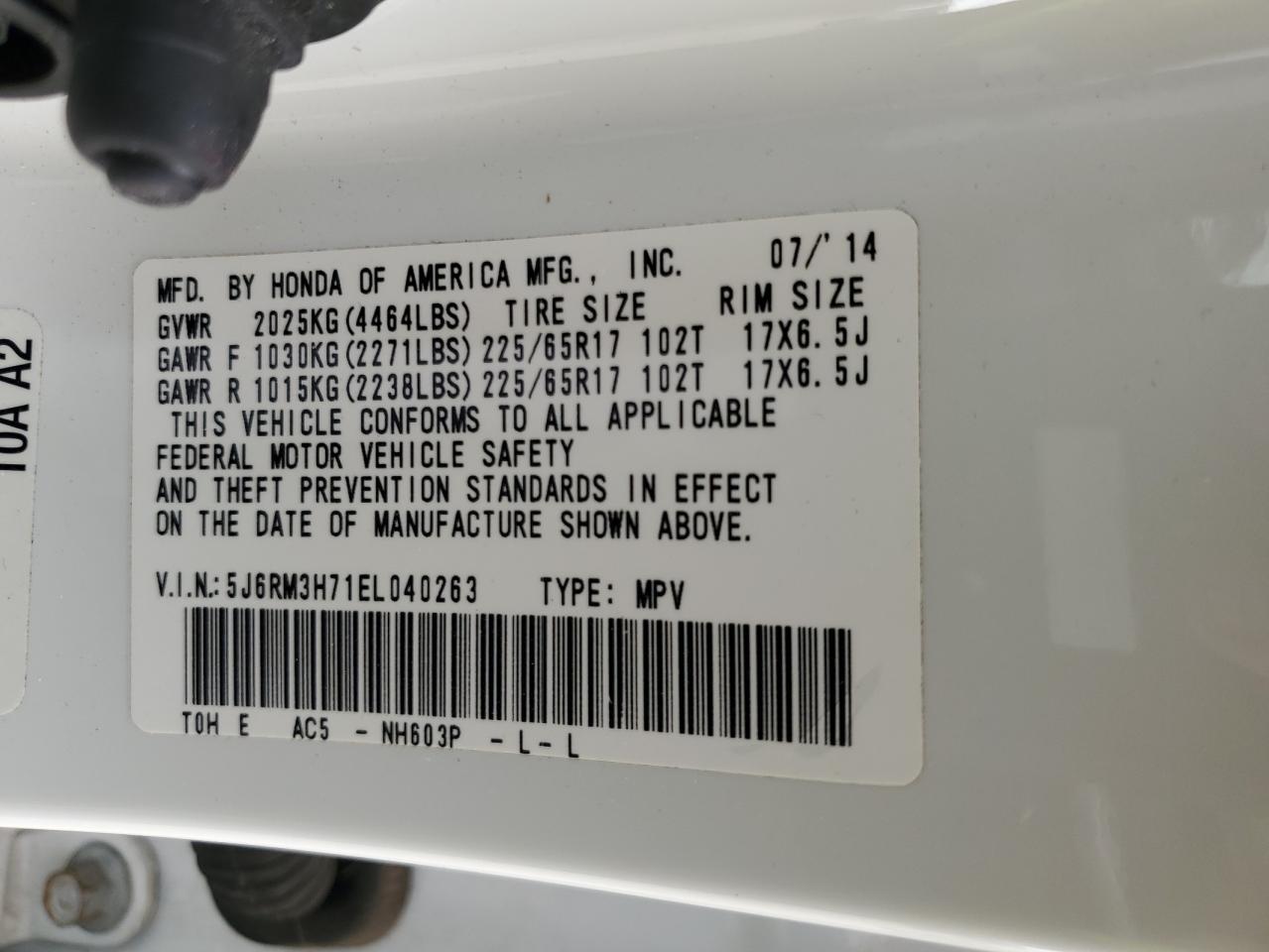 5J6RM3H71EL040263 2014 Honda Cr-V Exl