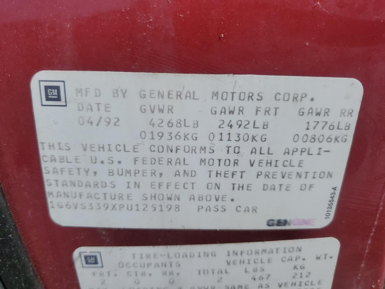 1G6VS339XPU125198 1993 Cadillac Allante