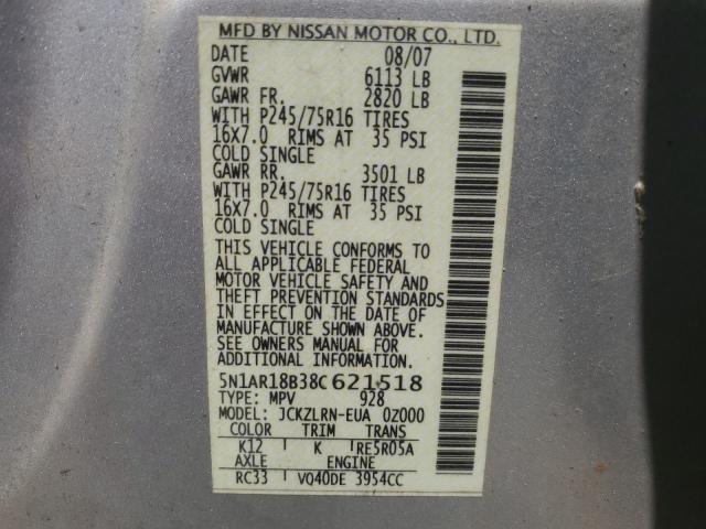 2008 Nissan Pathfinder S VIN: 5N1AR18B38C621518 Lot: 57971424