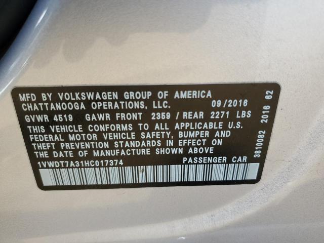 2017 Volkswagen Passat R-Line VIN: 1VWDT7A31HC017374 Lot: 59170654