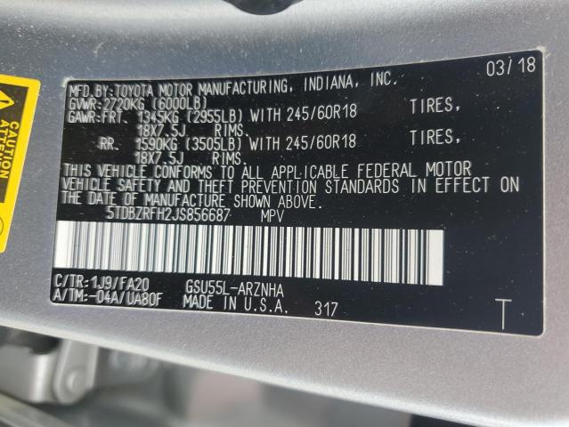 2018 Toyota Highlander Le VIN: 5TDBZRFH2JS856687 Lot: 59103784