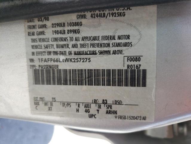 1998 Ford Contour Lx VIN: 1FAFP66LXWK257275 Lot: 59943224