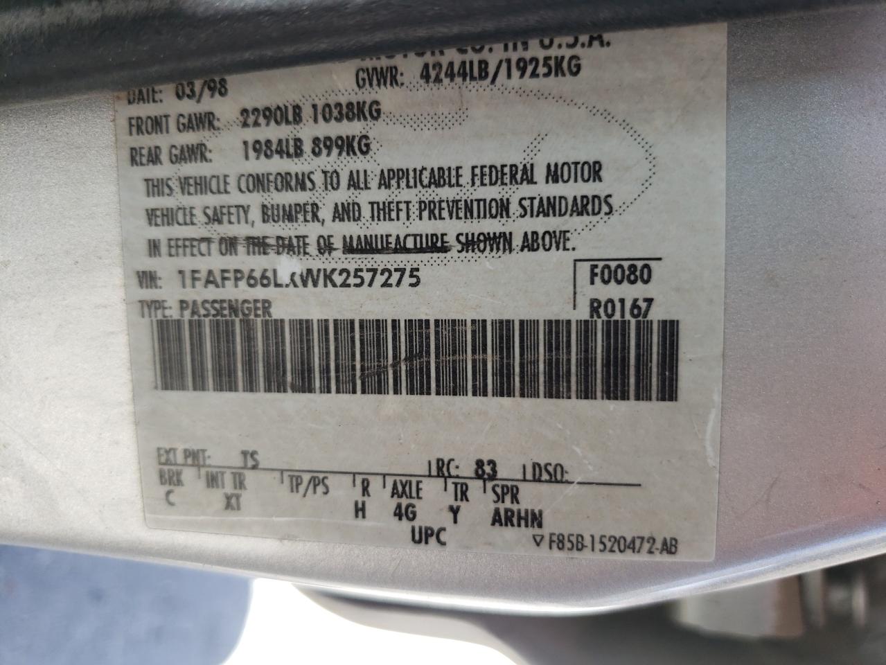 1FAFP66LXWK257275 1998 Ford Contour Lx