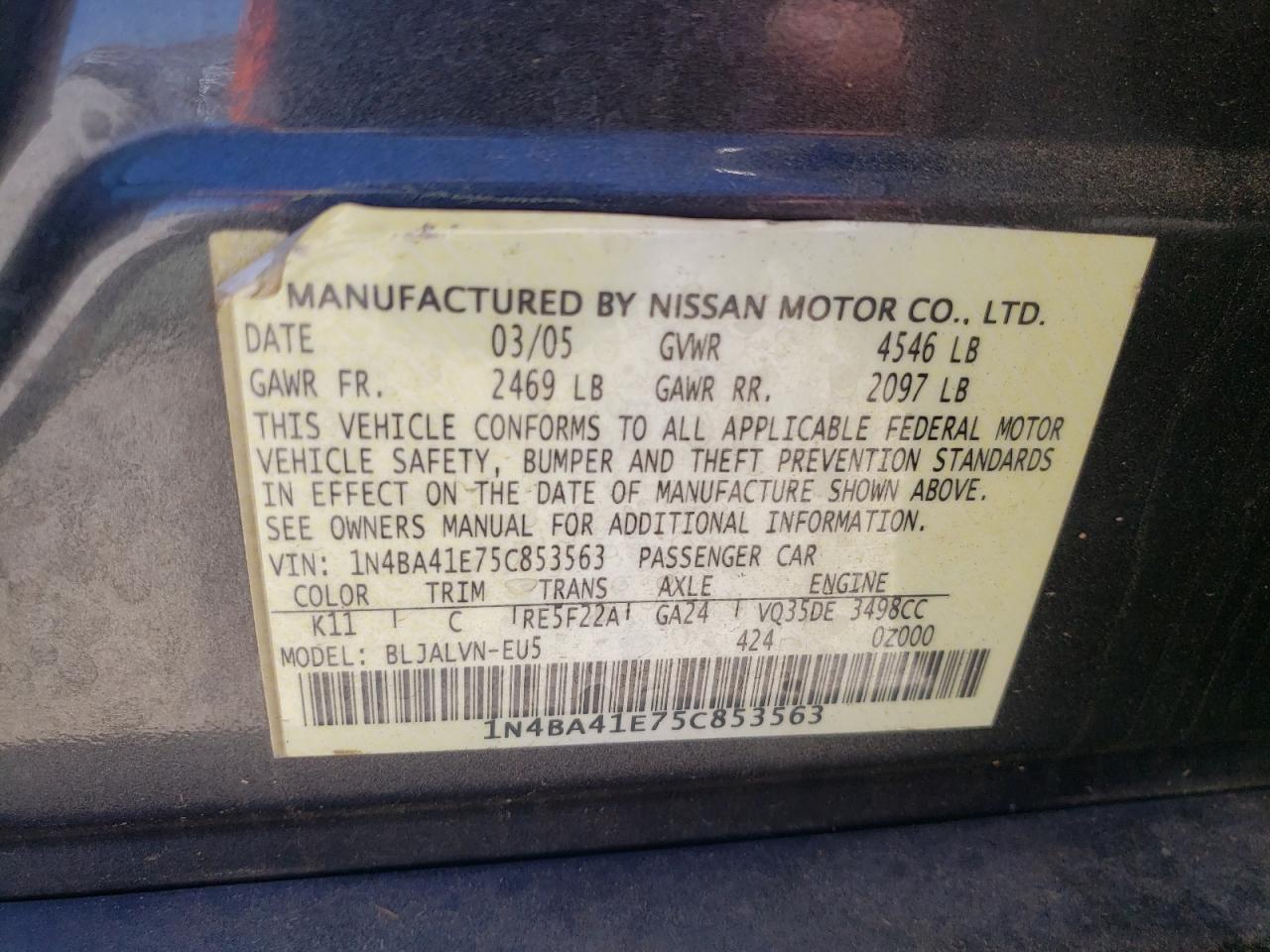 1N4BA41E75C853563 2005 Nissan Maxima Se