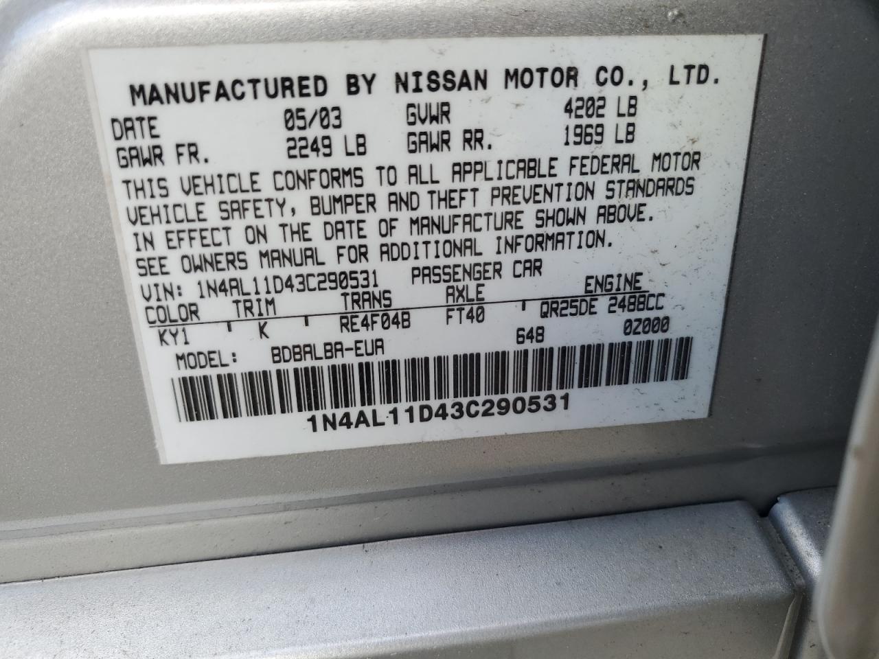 1N4AL11D43C290531 2003 Nissan Altima Base