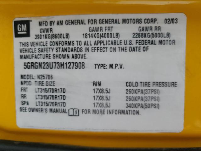 2003 Hummer H2 VIN: 5GRGN23U73H127908 Lot: 58455854