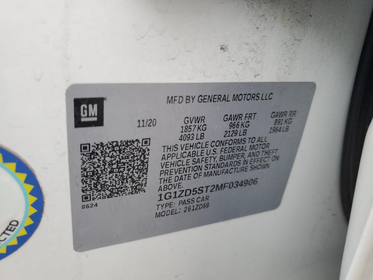 1G1ZD5ST2MF034906 2021 Chevrolet Malibu Lt