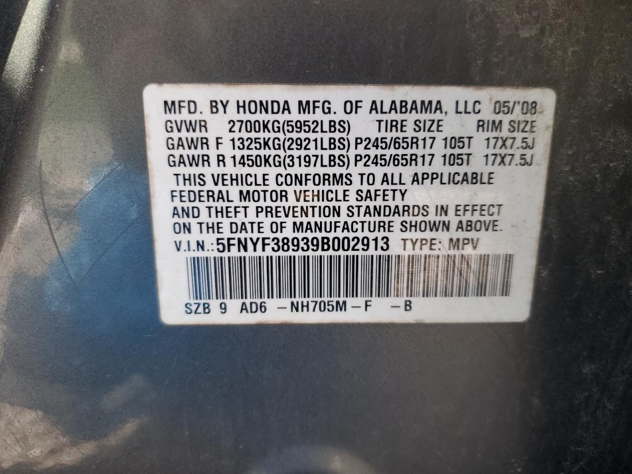 5FNYF38939B002913 2009 Honda Pilot Touring