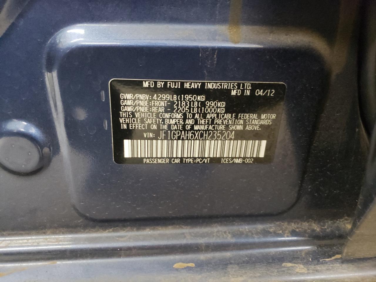 JF1GPAH6XCH235204 2012 Subaru Impreza Limited