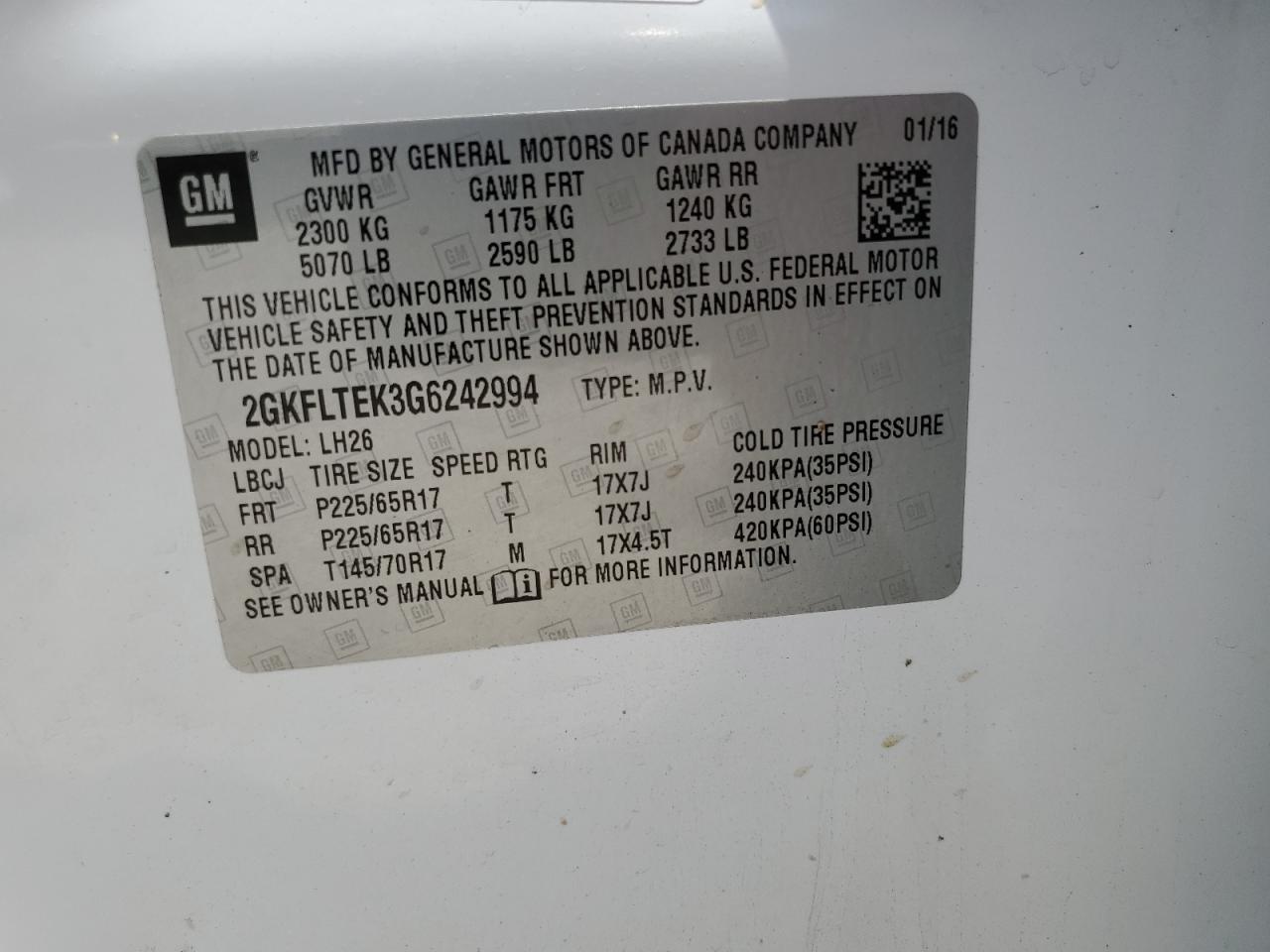 2GKFLTEK3G6242994 2016 GMC Terrain Sle