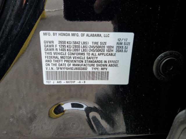 2018 Honda Pilot Touring VIN: 5FNYF6H92JB003802 Lot: 57178114