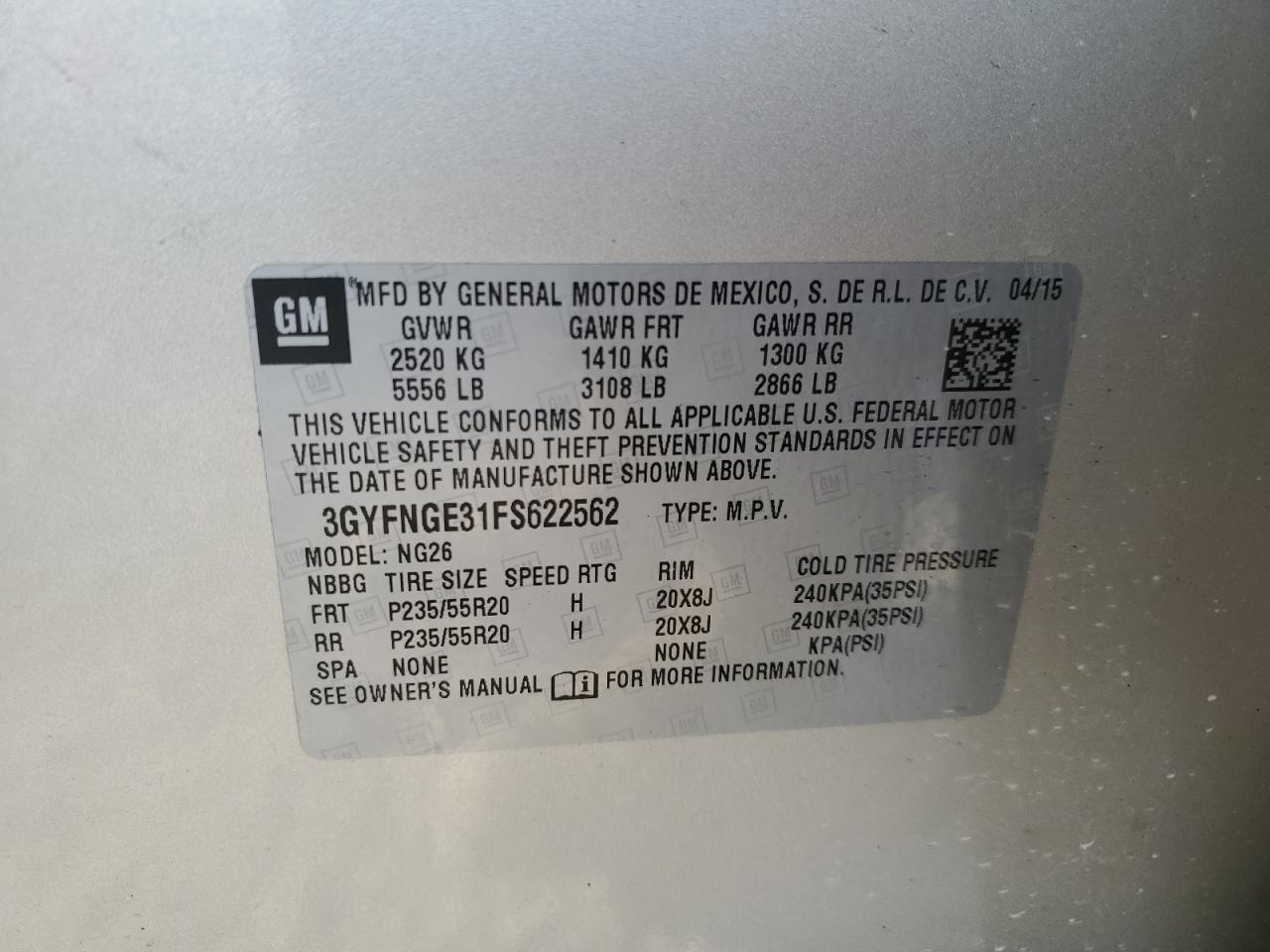 3GYFNGE31FS622562 2015 Cadillac Srx Premium Collection