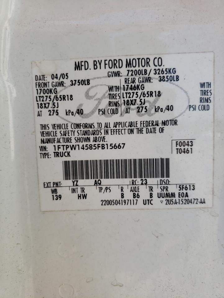 1FTPW14585FB15667 2005 Ford F150 Supercrew