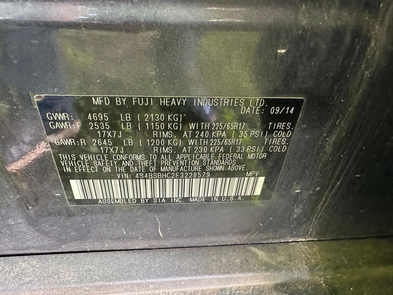 4S4BSBHC2F3228579 2015 Subaru Outback 2.5I Premium