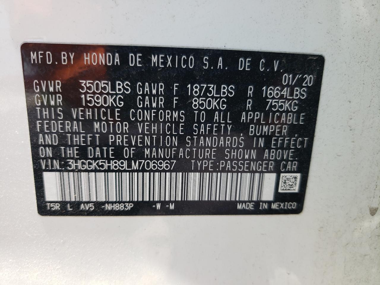 3HGGK5H89LM706967 2020 Honda Fit Ex