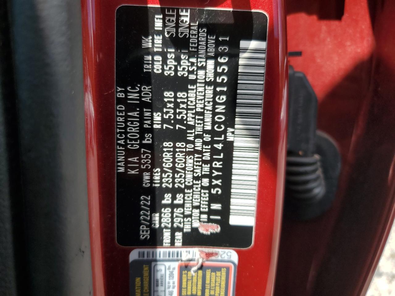 5XYRL4LC0NG155631 2022 Kia Sorento S