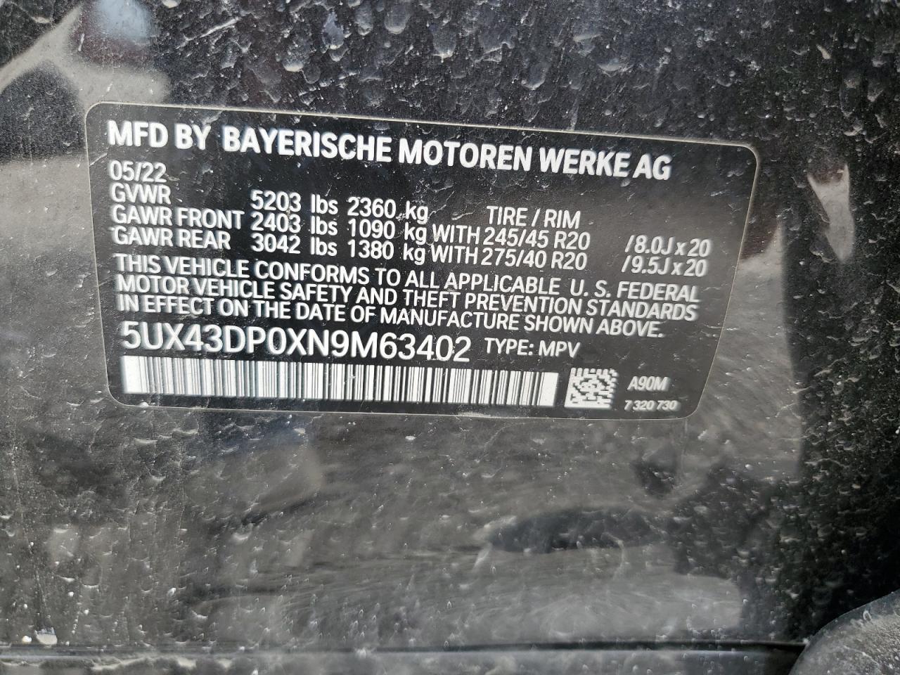 5UX43DP0XN9M63402 2022 BMW X3 Sdrive30I