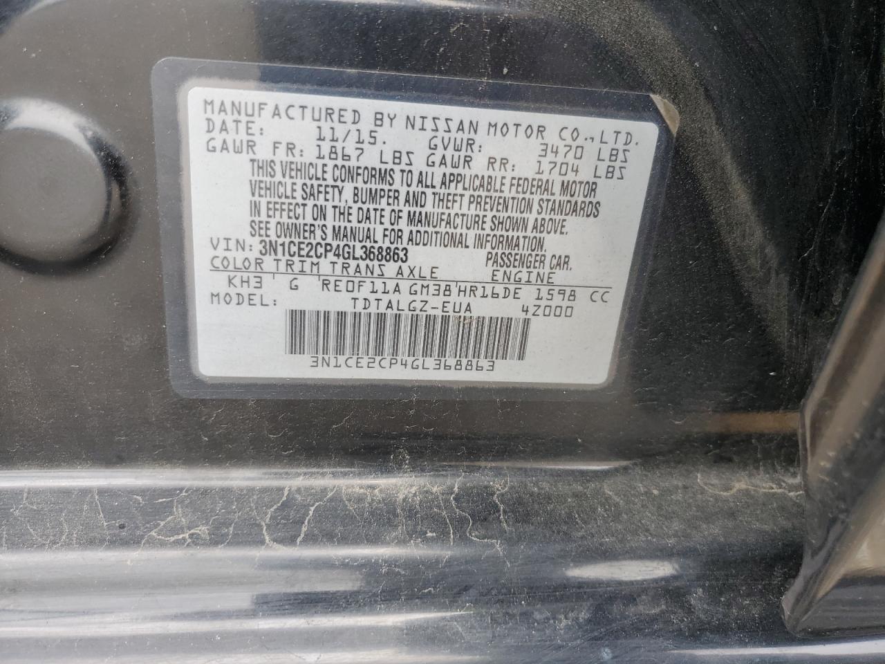 3N1CE2CP4GL368863 2016 Nissan Versa Note S
